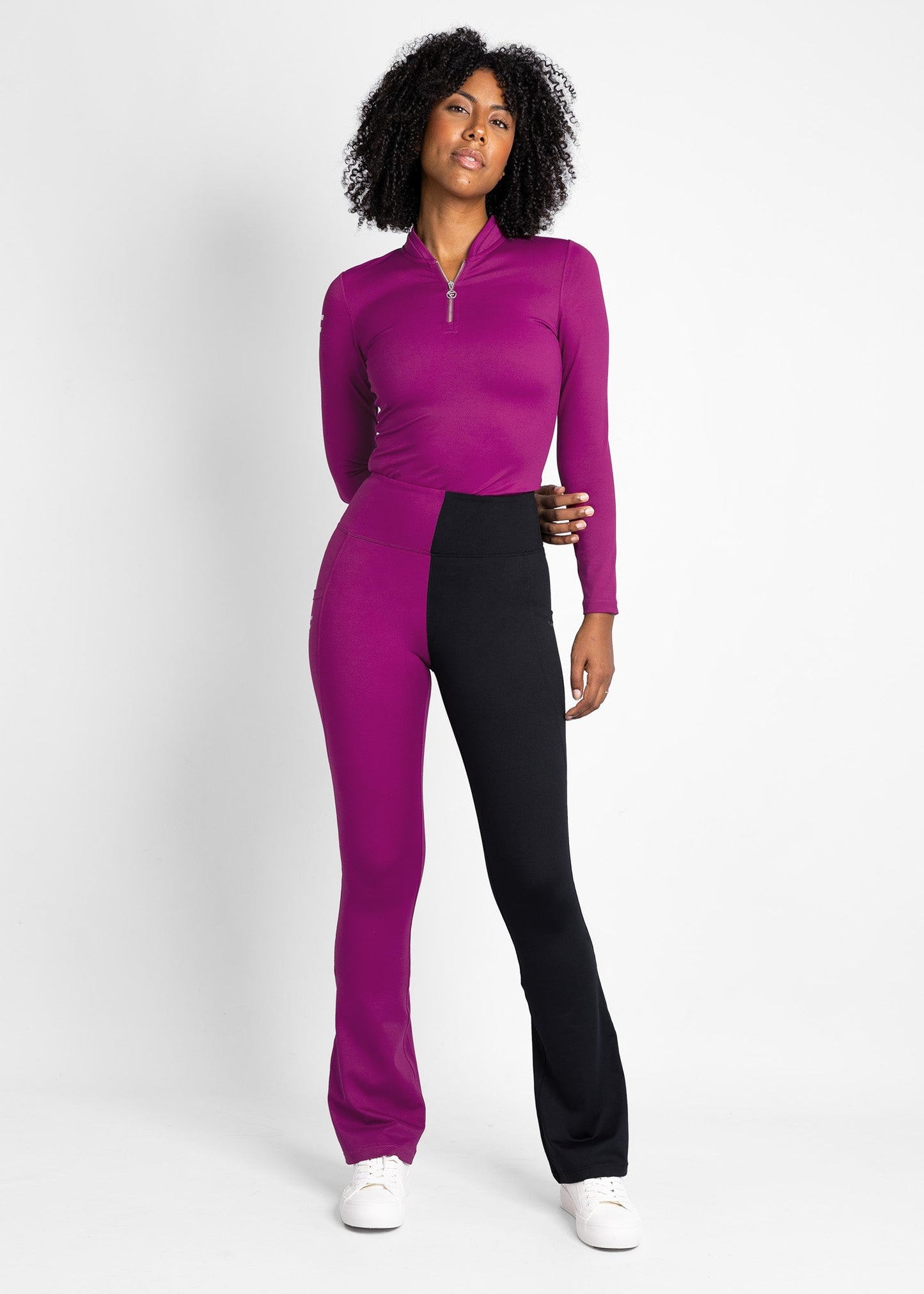 high-waisted, flare women golf leggings (wine/black) featured with women golf base layer (wine)