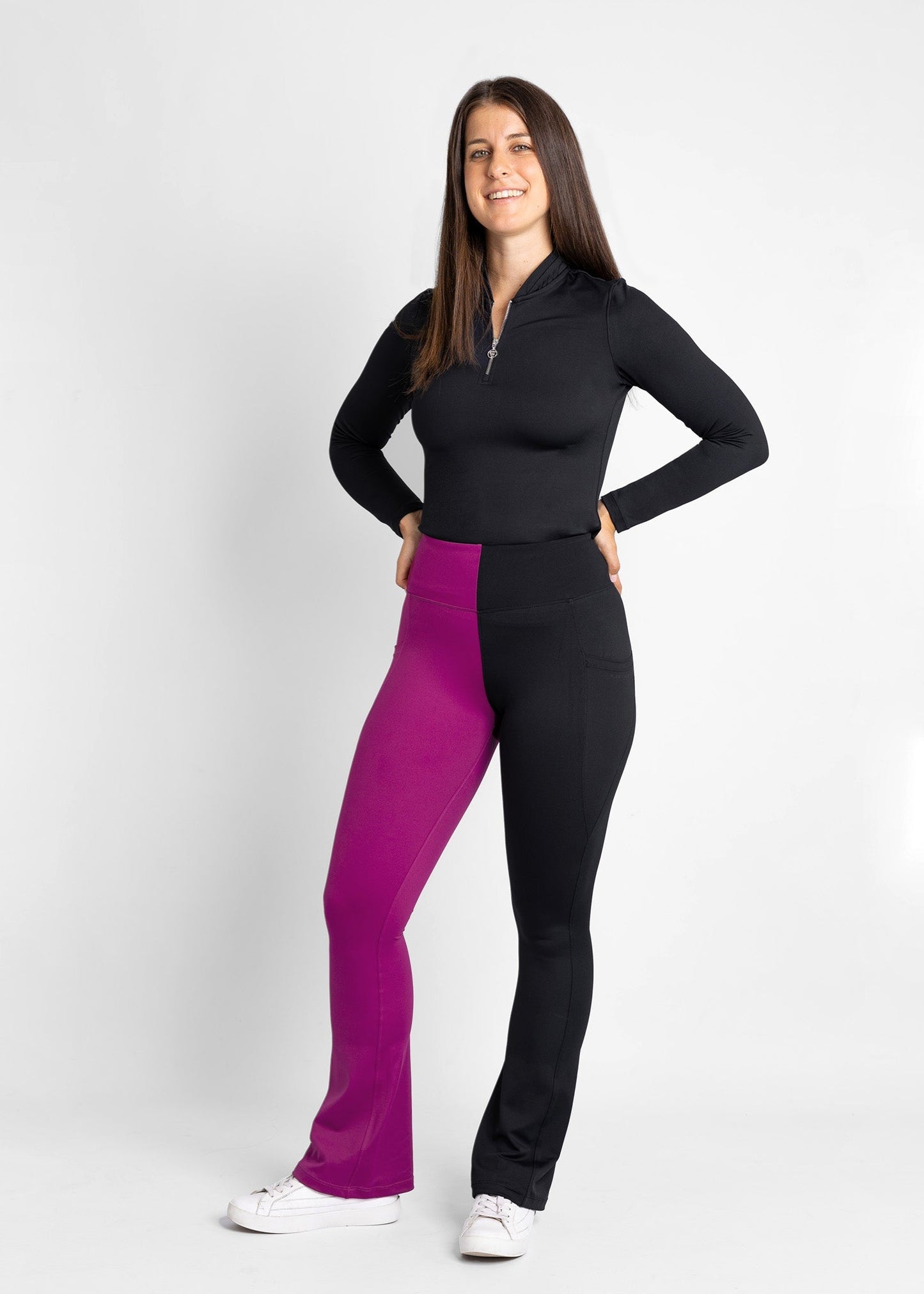 high-waisted, flare women golf leggings (wine/black) featured with women golf base layer (black)