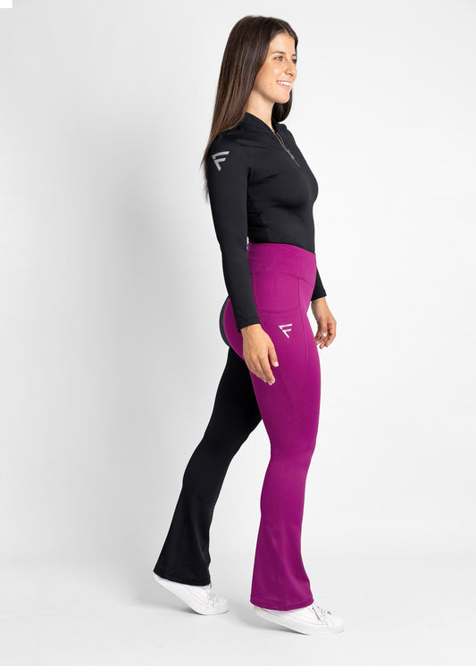 high-waisted, flare women golf leggings (wine/black) featured with women golf base layer (black)