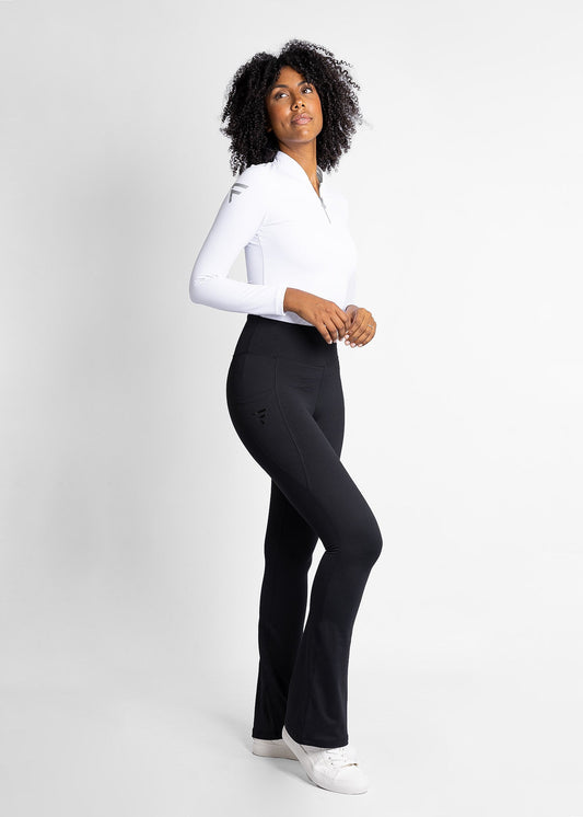 high-waisted, flare women golf leggings (black) featured with women golf base layer (white)