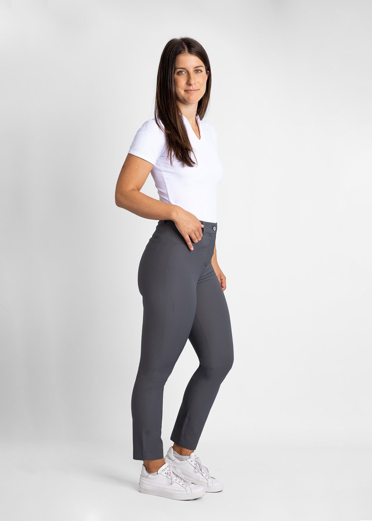 women high-waisted golf pants (volcanic ash) featured with modern collarless golf shirt (white)