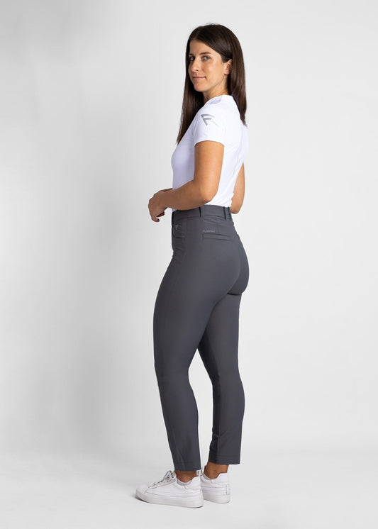 women high-waisted golf pants (volcanic ash) featured with modern collarless golf shirt (white)