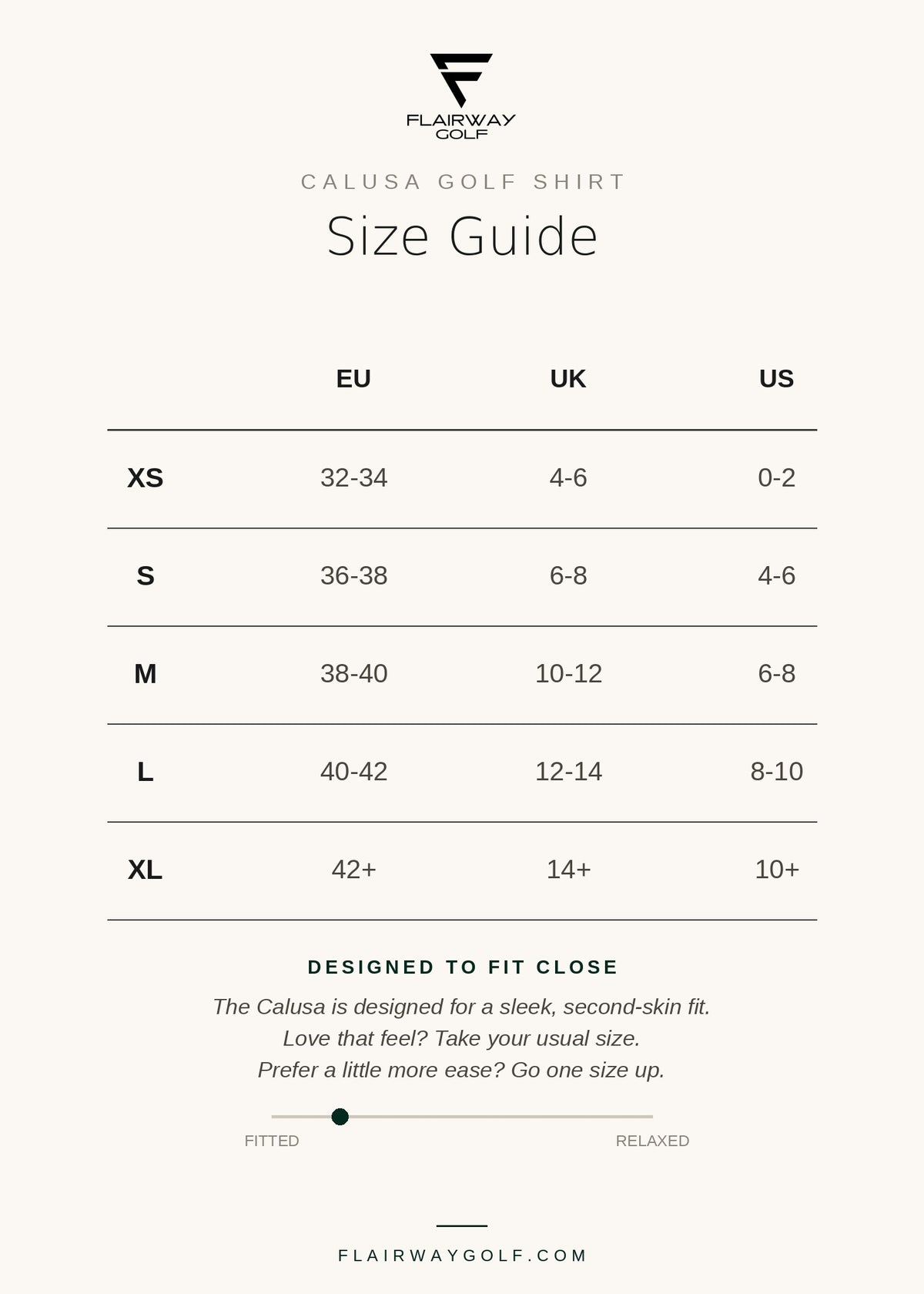 A size guide chart for the Flairway Golf Calusa Golf Shirt, showing sizing conversions from EU, UK, and US to shirt sizes XS through XL with fit and relaxed measurements.
